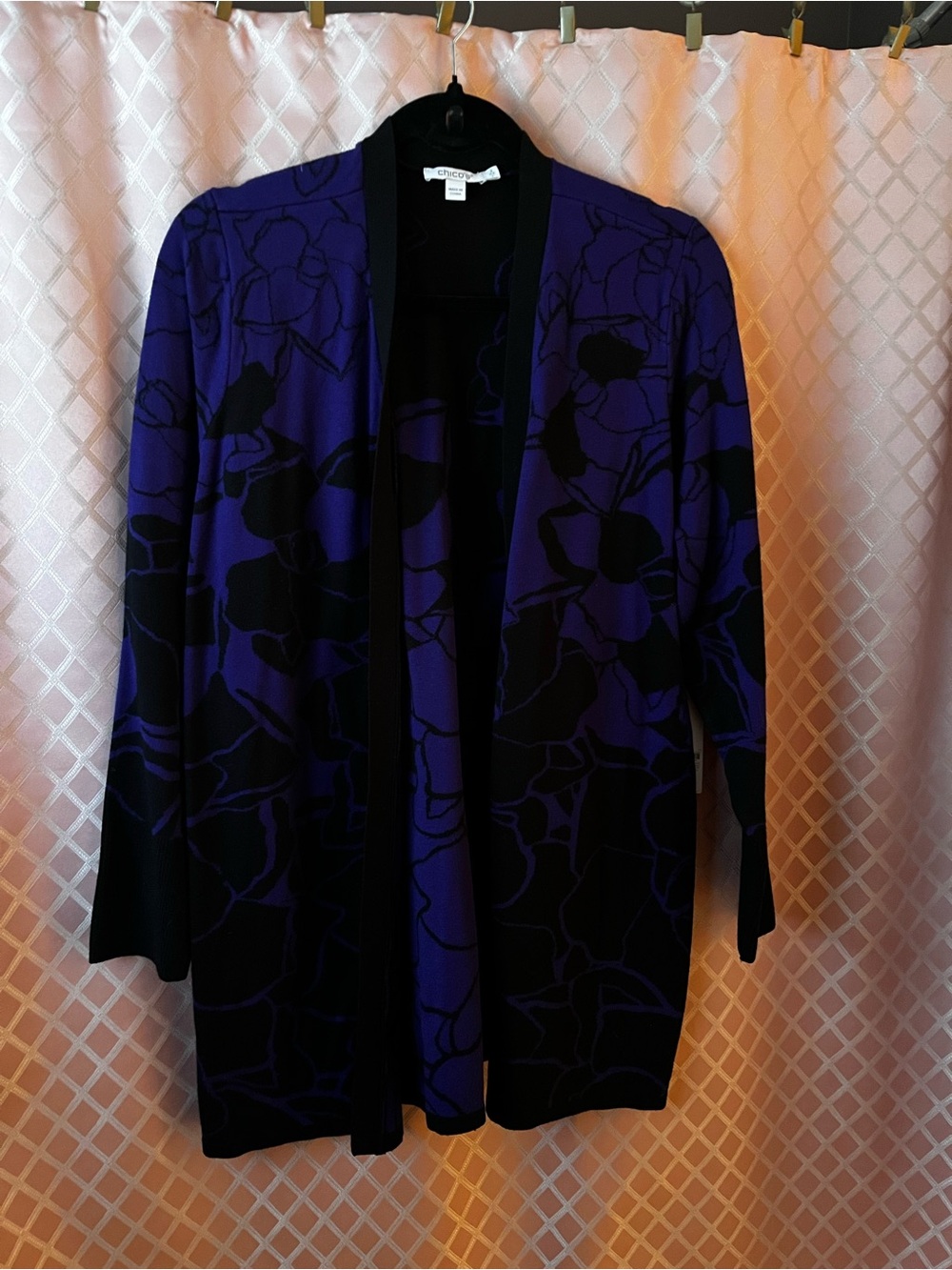 Chico's Purple and Black Floral Open-Front Cardigan
